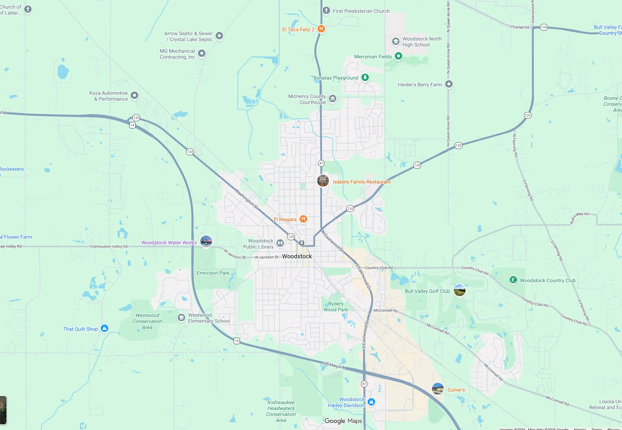 Google Maps showing Woodstock, Wisconsin area with nearby landmarks, roads, and points of interest including schools, restaurants, and parks.