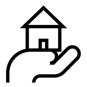 Line illustration of a house resting in an open hand