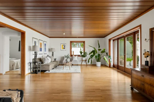 Spacious modern living room with wooden ceiling and floors, beige sofa, potted plants, and large windows overlooking green outdoor space.
