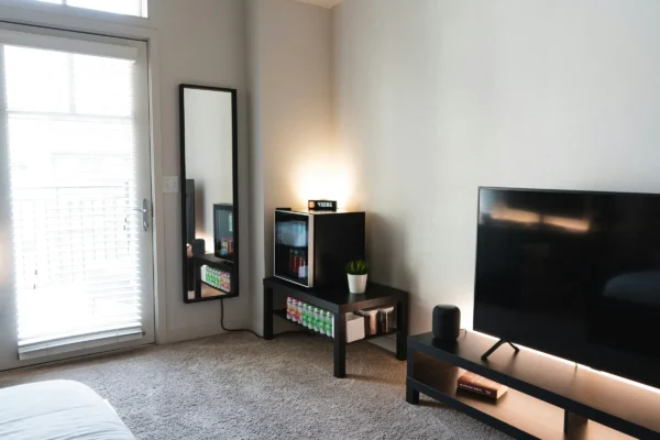 Modern living room with TV, beverage cooler display, mirror, and minimalist furniture on gray carpet.