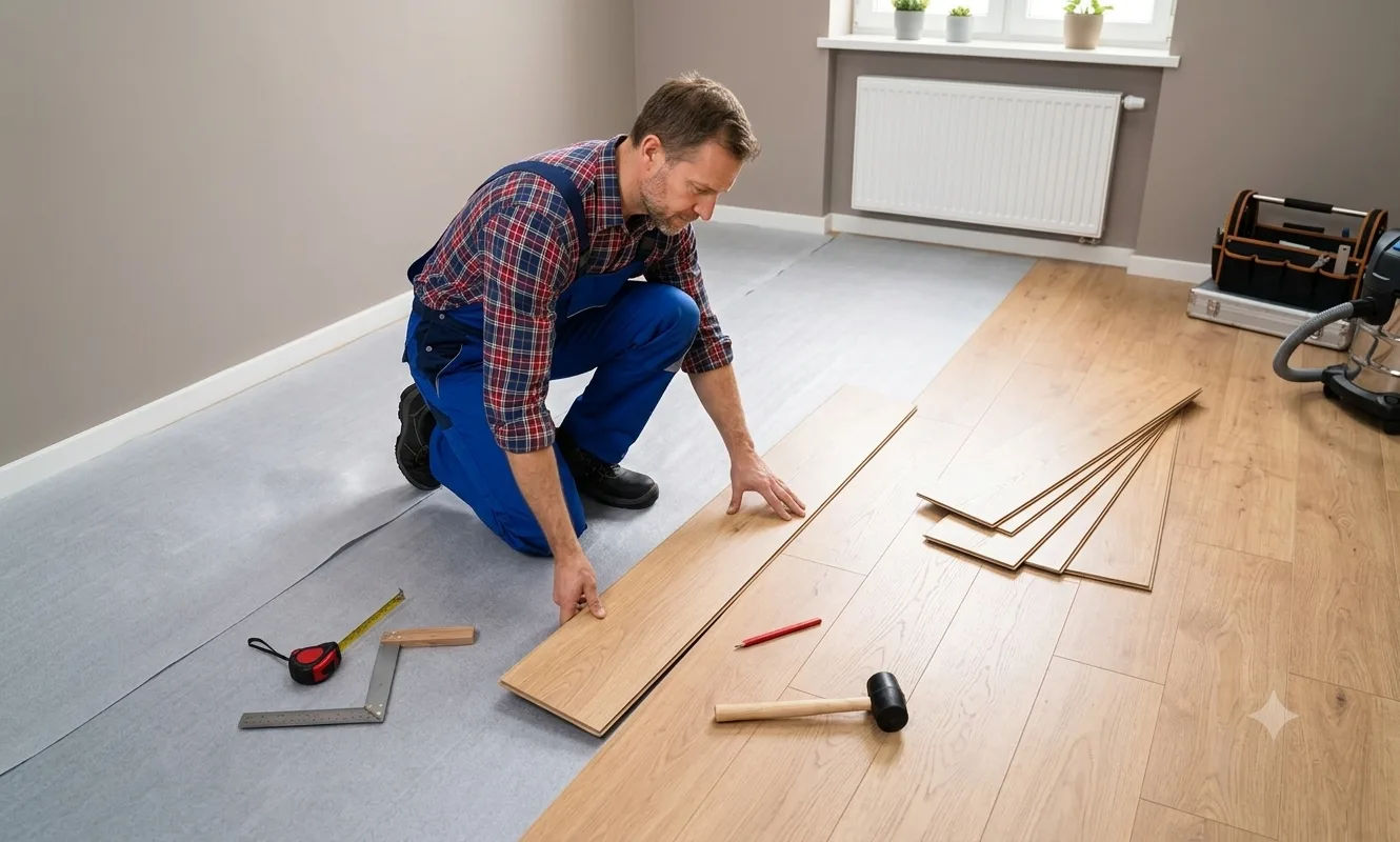 Worker in blue overalls installs laminate flooring in an empty room with gray underlay and tools scattered nearby.